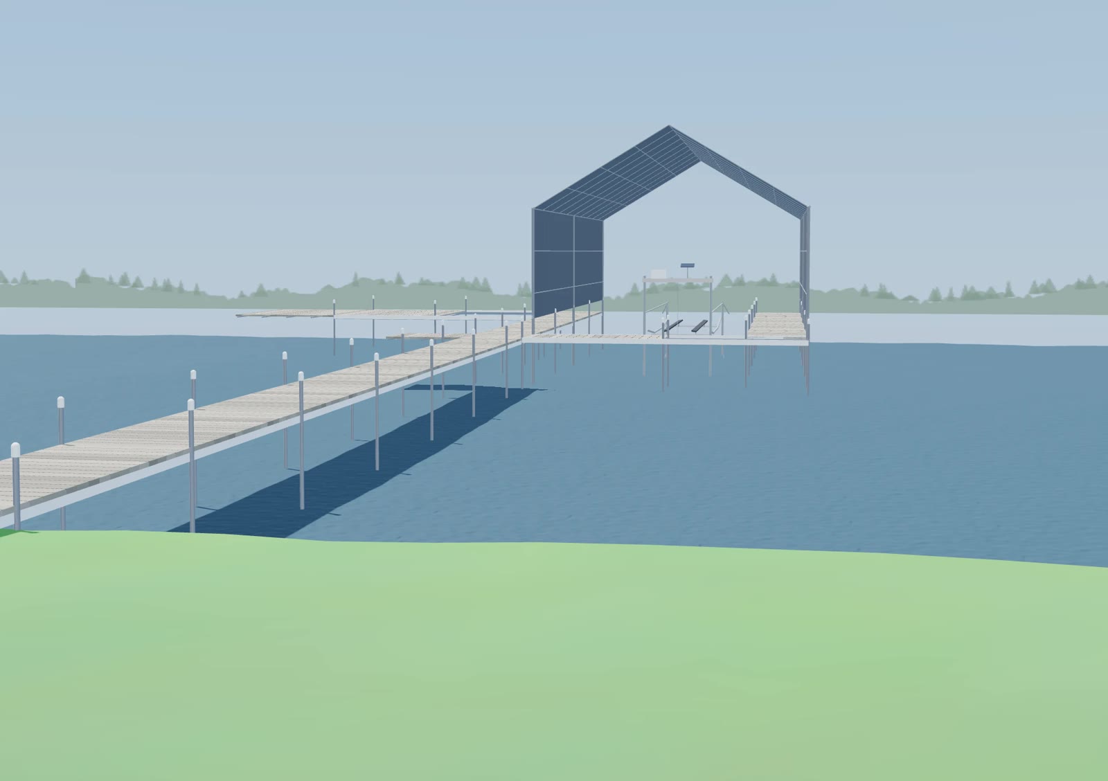 Custom dock and boathouse design render from our design software